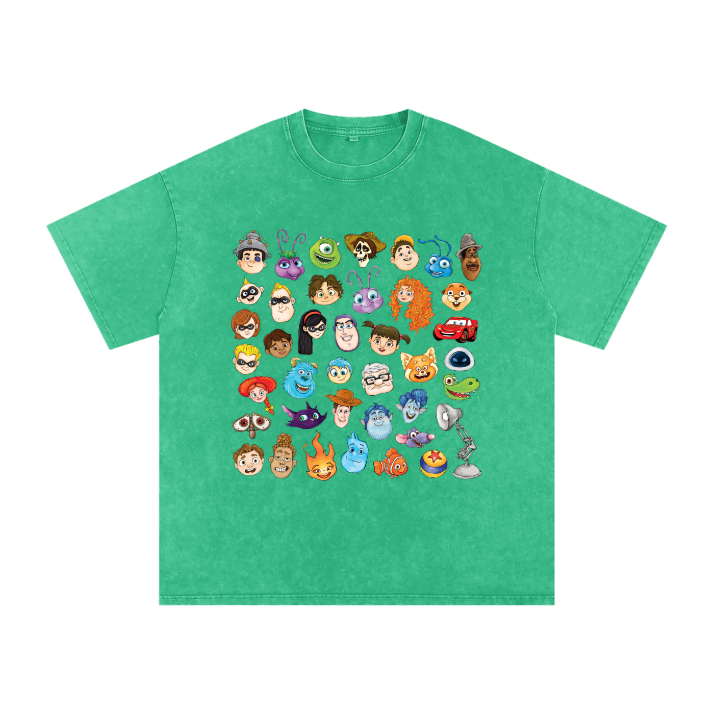 Watercolour Disney Pixar Protagonist Icons Grass Green Acid Wash Tee, Toy Story, A Bug’s Life, Monsters, Inc., Finding Nemo, The Incredibles, Cars, Ratatouille, WALL-E, Up, Brave, Inside Out, The Good Dinosaur, Coco, Onward, Soul, Luca, Turning Red, Elemental, Elio, Hoppers, Gatto