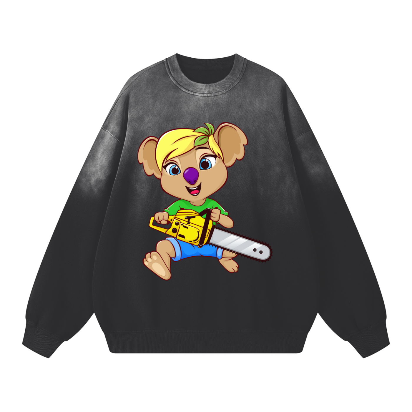 Disney Style Koala Chainsaw Sunfaded Acid Wash Black Sweatshirt