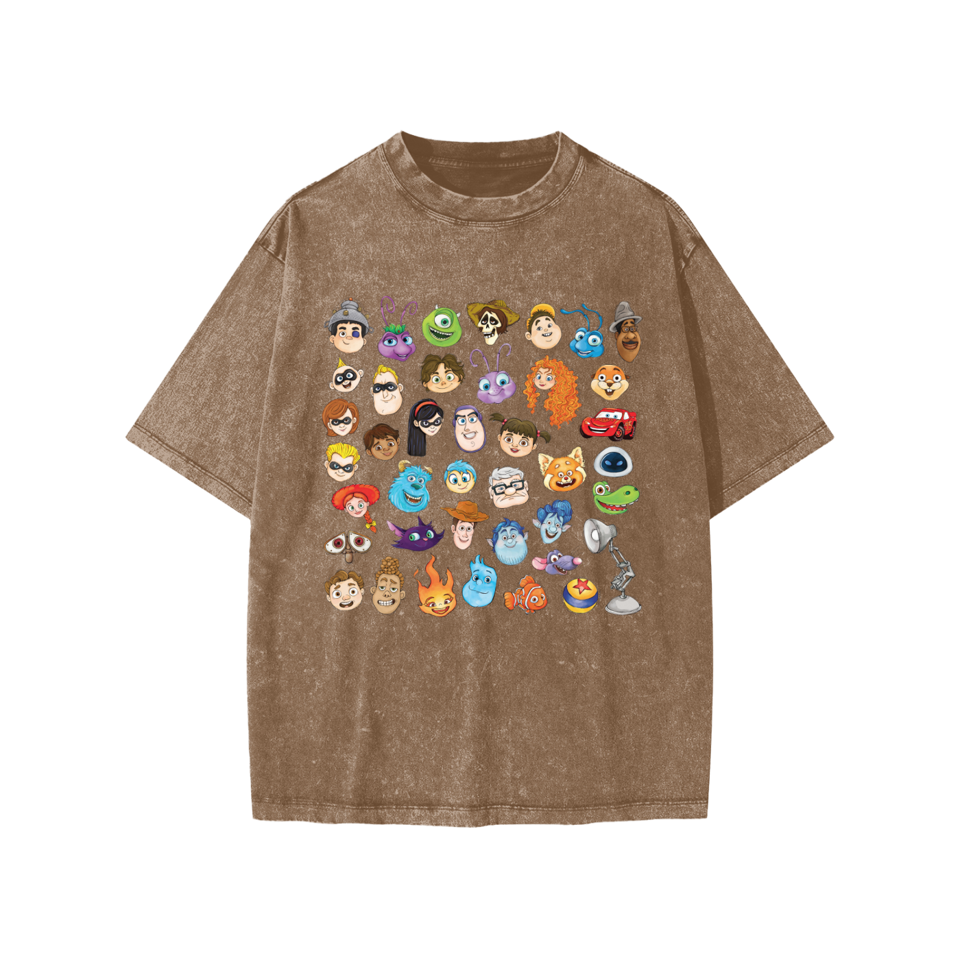 Watercolour Disney Pixar Protagonist Icons Coffee Snow Washed Kids' Tee, Toy Story, A Bug’s Life, Monsters, Inc., Finding Nemo, The Incredibles, Cars, Ratatouille, WALL-E, Up, Brave, Inside Out, The Good Dinosaur, Coco, Onward, Soul, Luca, Turning Red, Elemental, Elio, Hoppers, Gatto
