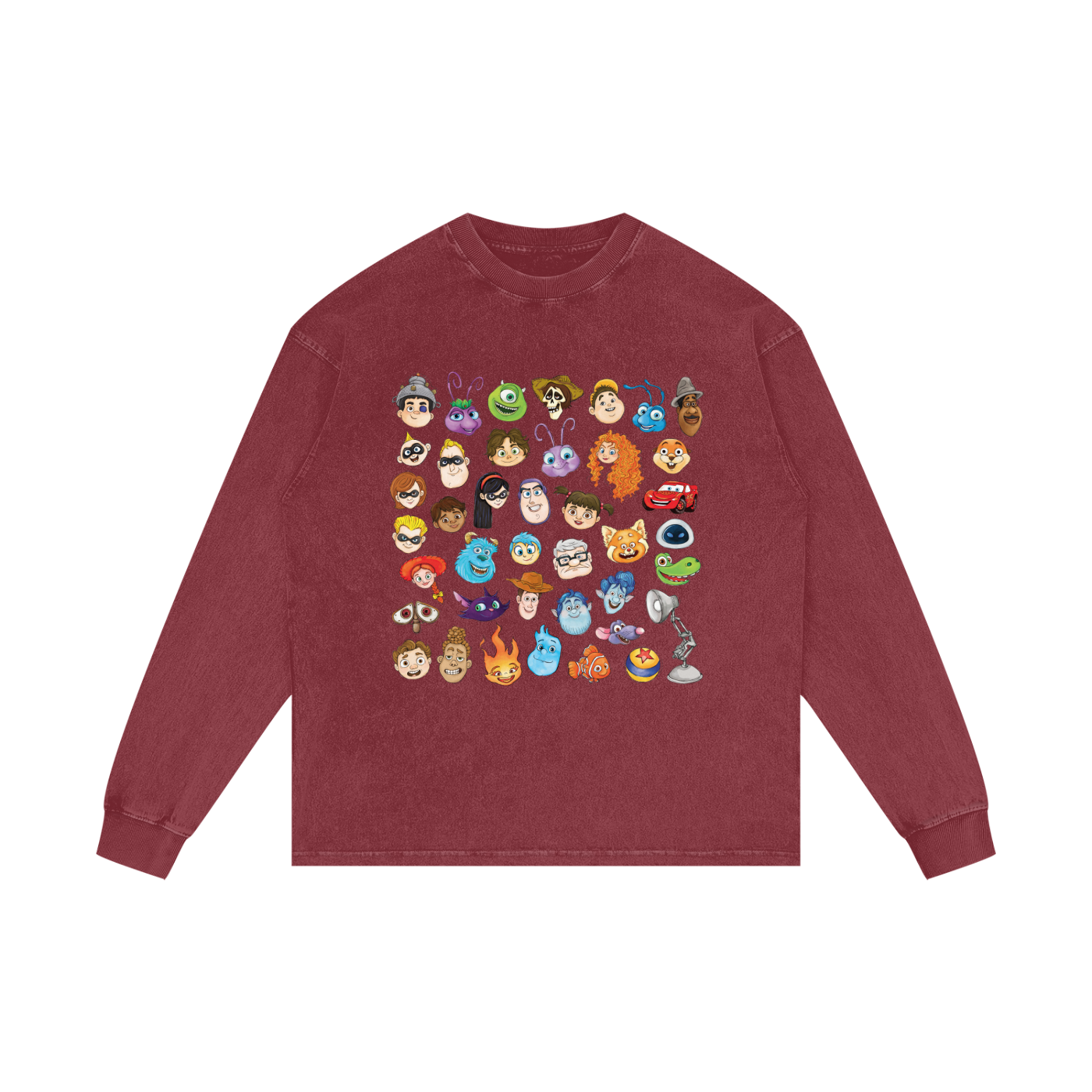 Watercolour Disney Pixar Protagonist Icons Maroon Acid Wash Long Sleeve T-Shirt, Toy Story, A Bug’s Life, Monsters, Inc., Finding Nemo, The Incredibles, Cars, Ratatouille, WALL-E, Up, Brave, Inside Out, The Good Dinosaur, Coco, Onward, Soul, Luca, Turning Red, Elemental, Elio, Hoppers, Gatto
