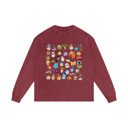 Watercolour Disney Pixar Protagonist Icons Maroon Acid Wash Long Sleeve T-Shirt, Toy Story, A Bug’s Life, Monsters, Inc., Finding Nemo, The Incredibles, Cars, Ratatouille, WALL-E, Up, Brave, Inside Out, The Good Dinosaur, Coco, Onward, Soul, Luca, Turning Red, Elemental, Elio, Hoppers, Gatto