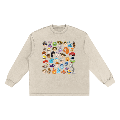 Watercolour Disney Pixar Protagonist Icons Light Khaki Snow Washed Long Sleeve Tee, Toy Story, A Bug’s Life, Monsters, Inc., Finding Nemo, The Incredibles, Cars, Ratatouille, WALL-E, Up, Brave, Inside Out, The Good Dinosaur, Coco, Onward, Soul, Luca, Turning Red, Elemental, Elio, Hoppers, Gatto