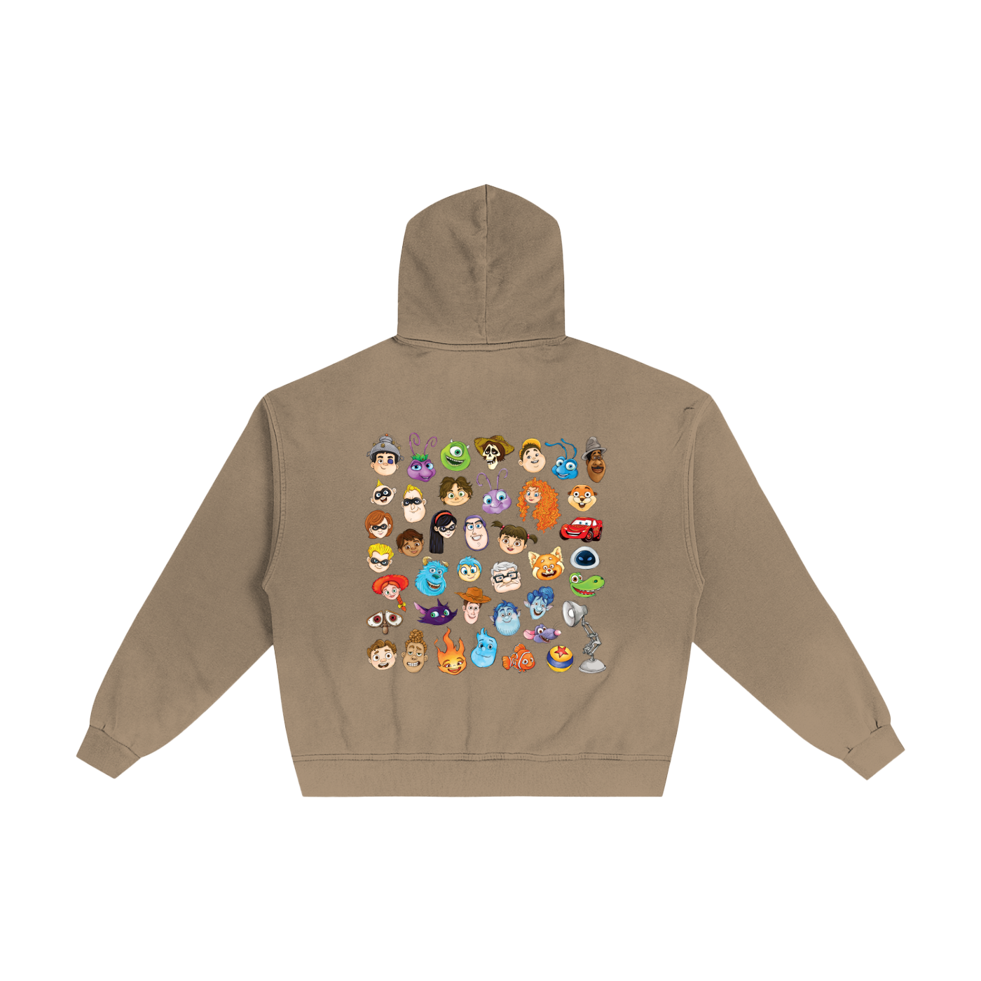 Watercolour  Disney Pixar Protagonist Icons Sand Sunfaded Zip-Up Hoodie, Toy Story, A Bug’s Life, Monsters, Inc., Finding Nemo, The Incredibles, Cars, Ratatouille, WALL-E, Up, Brave, Inside Out, The Good Dinosaur, Coco, Onward, Soul, Luca, Turning Red, Elemental, Elio, Hoppers, Gatto