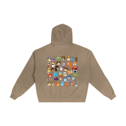 Watercolour  Disney Pixar Protagonist Icons Sand Sunfaded Zip-Up Hoodie, Toy Story, A Bug’s Life, Monsters, Inc., Finding Nemo, The Incredibles, Cars, Ratatouille, WALL-E, Up, Brave, Inside Out, The Good Dinosaur, Coco, Onward, Soul, Luca, Turning Red, Elemental, Elio, Hoppers, Gatto