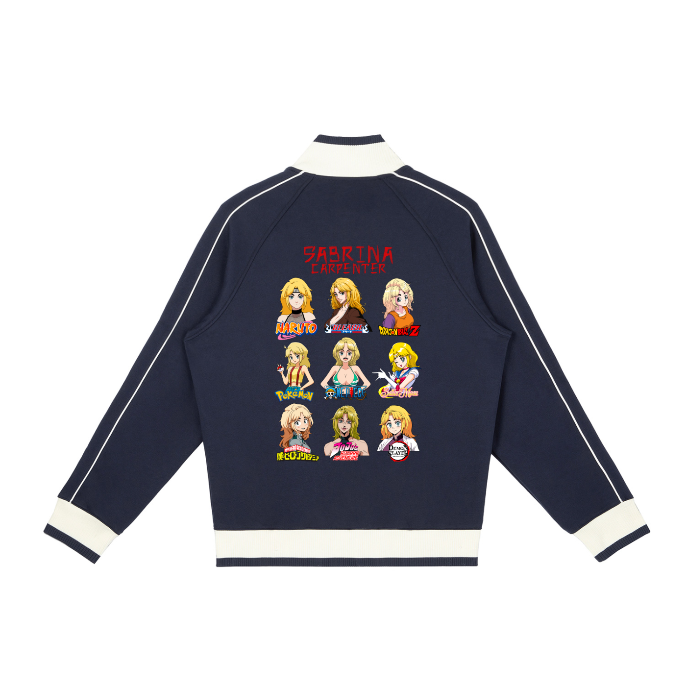 Sabrina Carpenter Anime Art Styles Navy Blue Retro Raglan Zip-Up Track Jacket, Naruto, Bleach, Dragon Ball Z, Pokémon, One Piece, Sailor Moon, My Hero Academia, Jojo's Bizarre Adventure, Demon Slayer