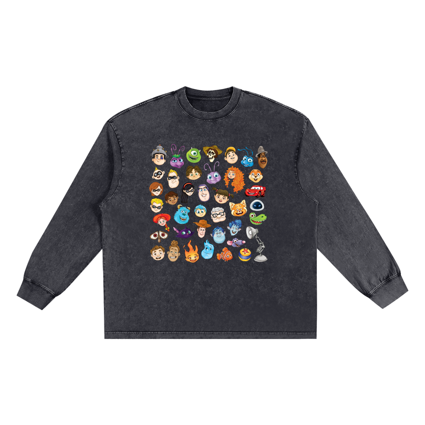 Watercolour Disney Pixar Protagonist Icons Black Snow Washed Long Sleeve Tee, Toy Story, A Bug’s Life, Monsters, Inc., Finding Nemo, The Incredibles, Cars, Ratatouille, WALL-E, Up, Brave, Inside Out, The Good Dinosaur, Coco, Onward, Soul, Luca, Turning Red, Elemental, Elio, Hoppers, Gatto