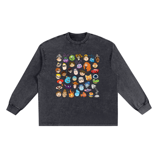 Watercolour Disney Pixar Protagonist Icons Black Snow Washed Long Sleeve Tee, Toy Story, A Bug’s Life, Monsters, Inc., Finding Nemo, The Incredibles, Cars, Ratatouille, WALL-E, Up, Brave, Inside Out, The Good Dinosaur, Coco, Onward, Soul, Luca, Turning Red, Elemental, Elio, Hoppers, Gatto