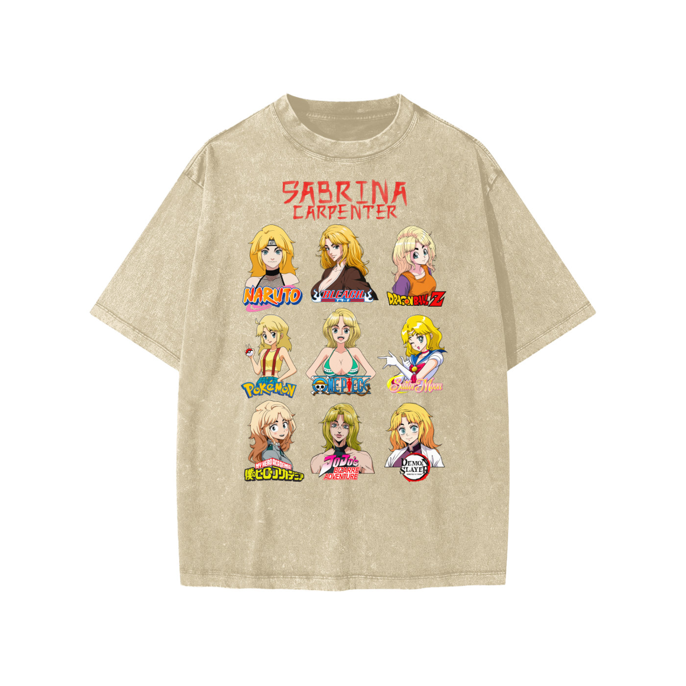 Sabrina Carpenter Anime Art Styles Khaki Snow Washed Kids' Tee, Naruto, Bleach, Dragonball Z, Pokémon, One Piece, Sailor Moon, My Hero Academia, Jojo's Bizarre Adventure, Demon Slayer