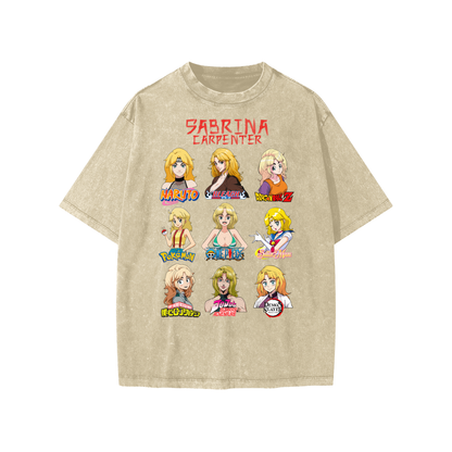 Sabrina Carpenter Anime Art Styles Khaki Snow Washed Kids' Tee, Naruto, Bleach, Dragonball Z, Pokémon, One Piece, Sailor Moon, My Hero Academia, Jojo's Bizarre Adventure, Demon Slayer
