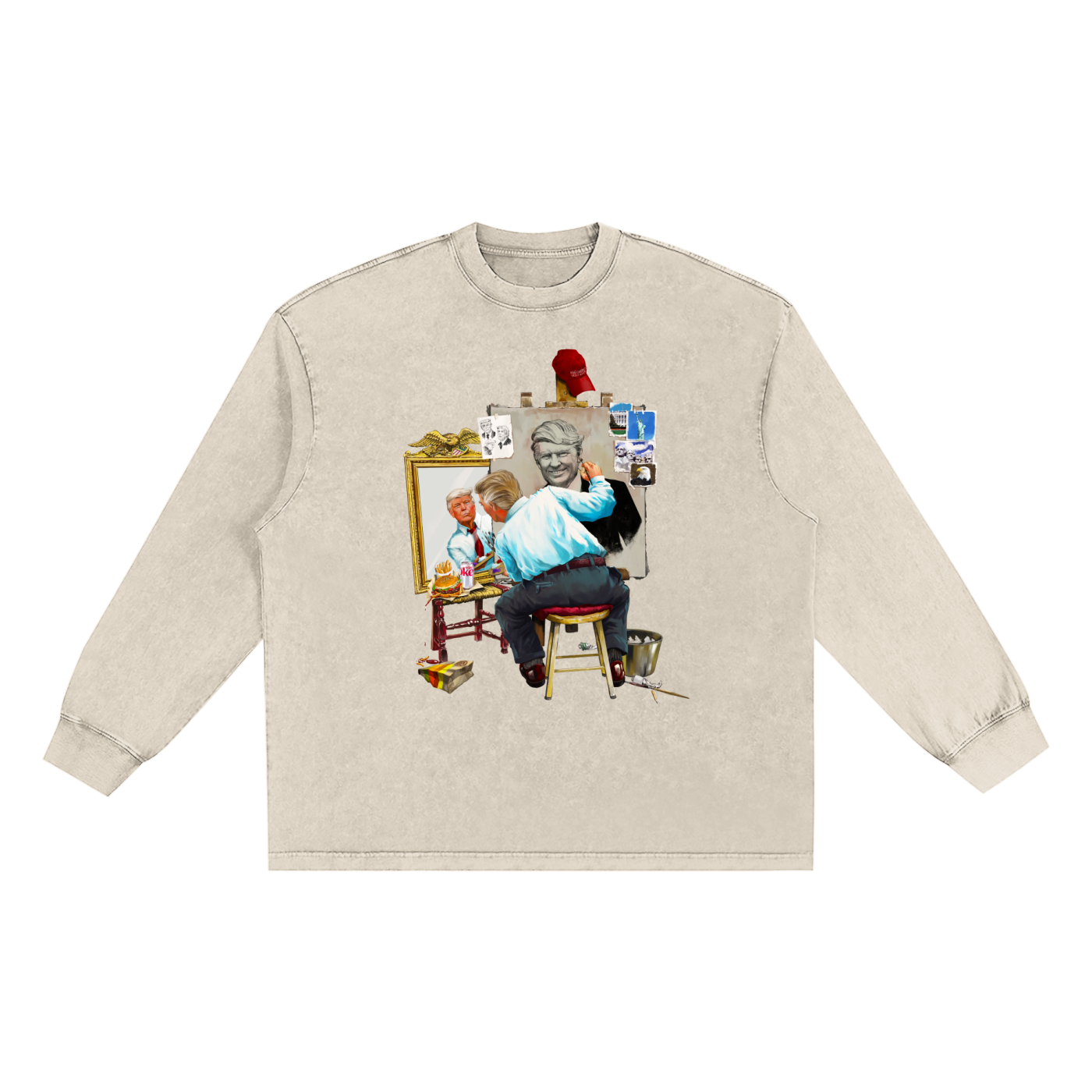 Donald Trump Triple Self Portrait Snow Washed Long Sleeve Light Khaki Tee