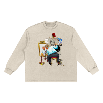Donald Trump Triple Self Portrait Snow Washed Long Sleeve Light Khaki Tee