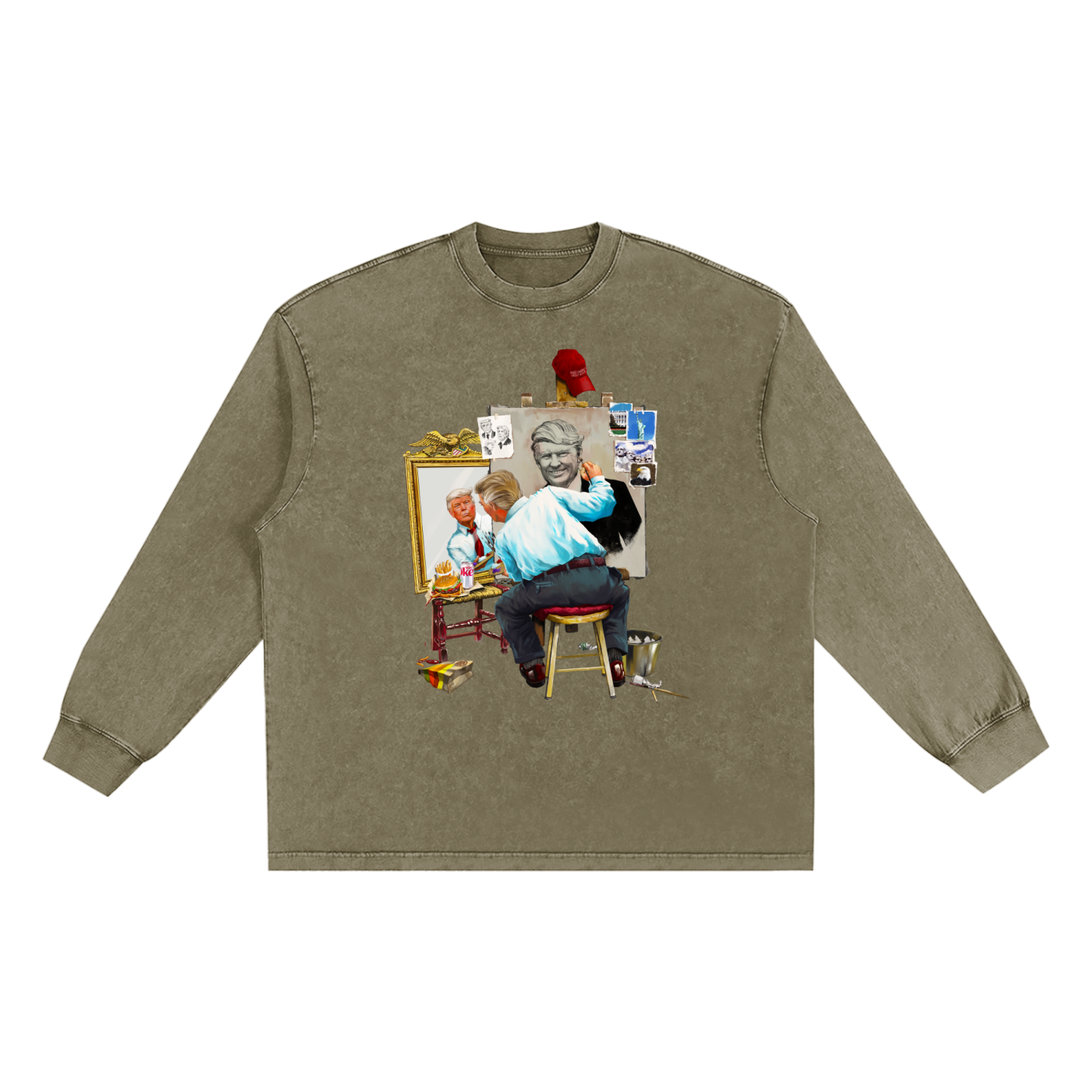 Donald Trump Triple Self Portrait Snow Washed Long Sleeve Military Green Tee