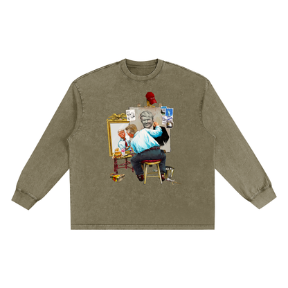 Donald Trump Triple Self Portrait Snow Washed Long Sleeve Military Green Tee