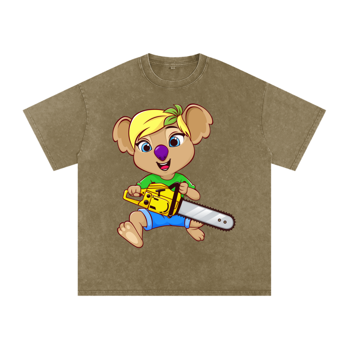 Disney Style Koala Chainsaw Acid Wash Military Green Tee