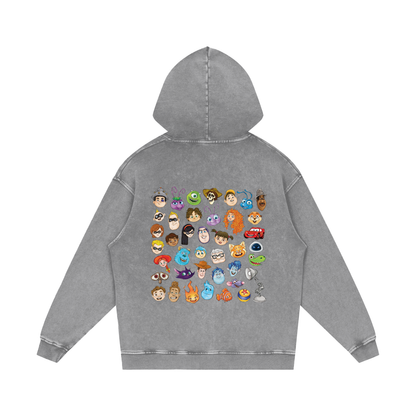 Watercolour Disney Pixar Protagonist Icons Light Grey Acid Wash Hoodie, Toy Story, A Bug’s Life, Monsters, Inc., Finding Nemo, The Incredibles, Cars, Ratatouille, WALL-E, Up, Brave, Inside Out, The Good Dinosaur, Coco, Onward, Soul, Luca, Turning Red, Elemental, Elio, Hoppers, Gatto