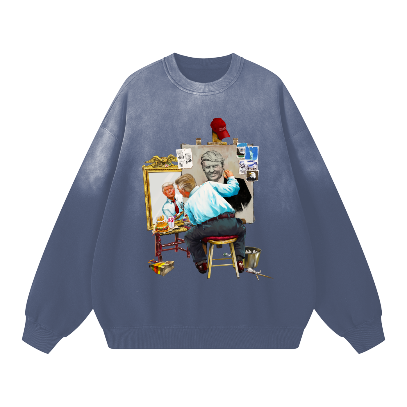 Donald Trump Triple Self Portrait Sunfaded Acid Wash Dusty Navy Sweatshirt