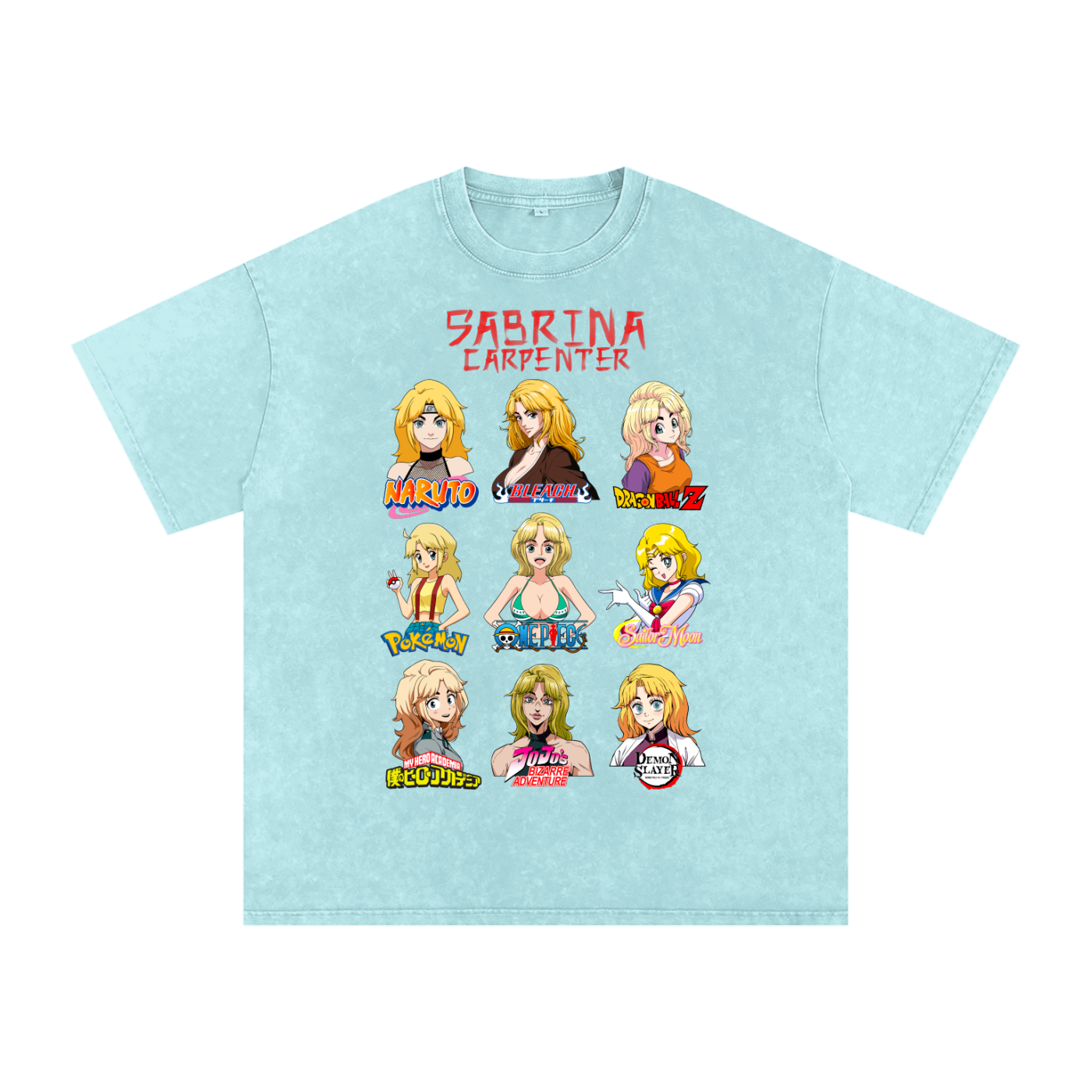 Sabrina Carpenter Anime Art Styles Ice Blue Acid Wash Tee, Naruto, Bleach, Dragonball Z, Pokémon, One Piece, Sailor Moon, My Hero Academia, Jojo's Bizarre Adventure, Demon Slayer