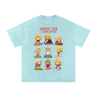 Sabrina Carpenter Anime Art Styles Ice Blue Acid Wash Tee, Naruto, Bleach, Dragonball Z, Pokémon, One Piece, Sailor Moon, My Hero Academia, Jojo's Bizarre Adventure, Demon Slayer