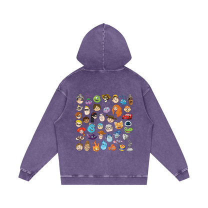 Watercolour Disney Pixar Protagonist Icons Purple Acid Wash Hoodie, Toy Story, A Bug’s Life, Monsters, Inc., Finding Nemo, The Incredibles, Cars, Ratatouille, WALL-E, Up, Brave, Inside Out, The Good Dinosaur, Coco, Onward, Soul, Luca, Turning Red, Elemental, Elio, Hoppers, Gatto