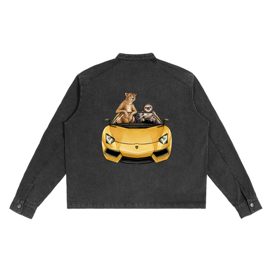 Cheetah & Sloth Denim Black Vintage Washed Zip-Up Jacket