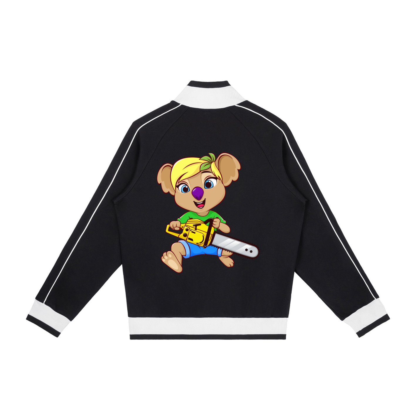 Disney Style Koala Chainsaw Black Retro Raglan Zip-Up Track Jacket