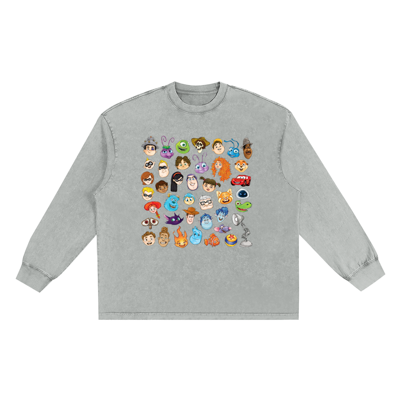 Watercolour Disney Pixar Protagonist Icons Light Grey Snow Washed Long Sleeve Tee, Toy Story, A Bug’s Life, Monsters, Inc., Finding Nemo, The Incredibles, Cars, Ratatouille, WALL-E, Up, Brave, Inside Out, The Good Dinosaur, Coco, Onward, Soul, Luca, Turning Red, Elemental, Elio, Hoppers, Gatto
