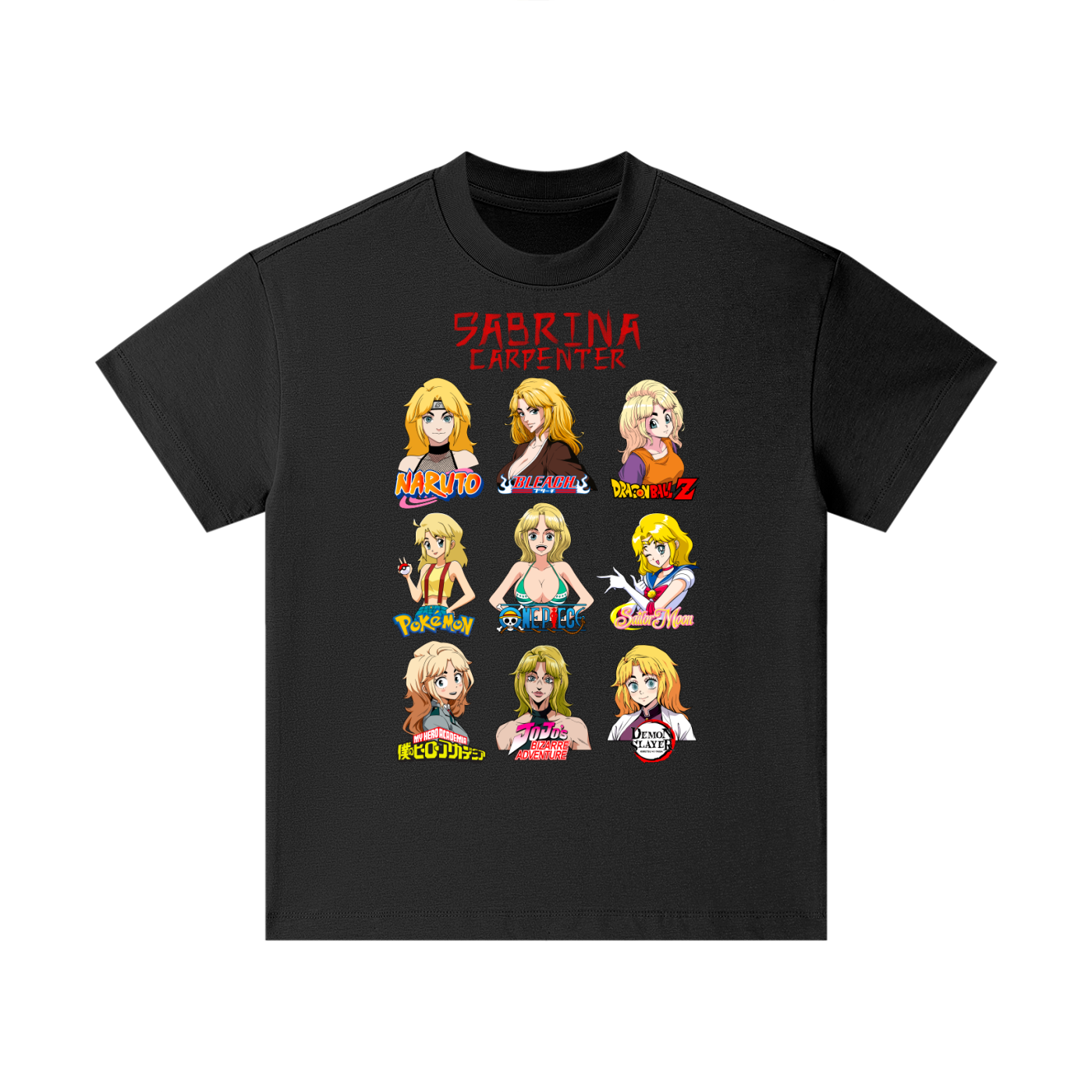 Sabrina Carpenter Anime Art Styles Black Classic Kids' Tee, Naruto, Bleach, Dragonball Z, Pokémon, One Piece, Sailor Moon, My Hero Academia, Jojo's Bizarre Adventure, Demon Slayer