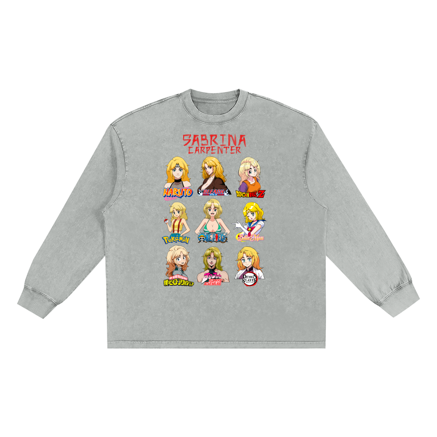 Sabrina Carpenter Anime Art Styles Light Grey Snow Washed Long Sleeve Tee, Naruto, Bleach, Dragonball Z, Pokémon, One Piece, Sailor Moon, My Hero Academia, Jojo's Bizarre Adventure, Demon Slayer