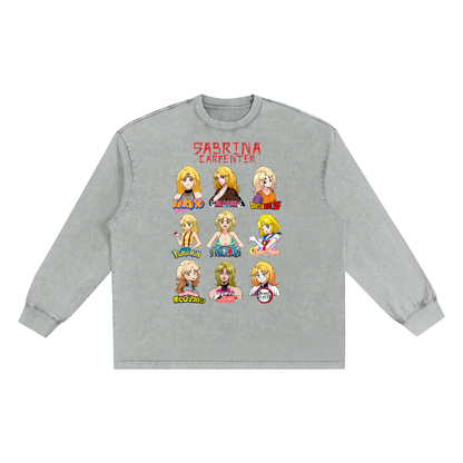 Sabrina Carpenter Anime Art Styles Light Grey Snow Washed Long Sleeve Tee, Naruto, Bleach, Dragonball Z, Pokémon, One Piece, Sailor Moon, My Hero Academia, Jojo's Bizarre Adventure, Demon Slayer