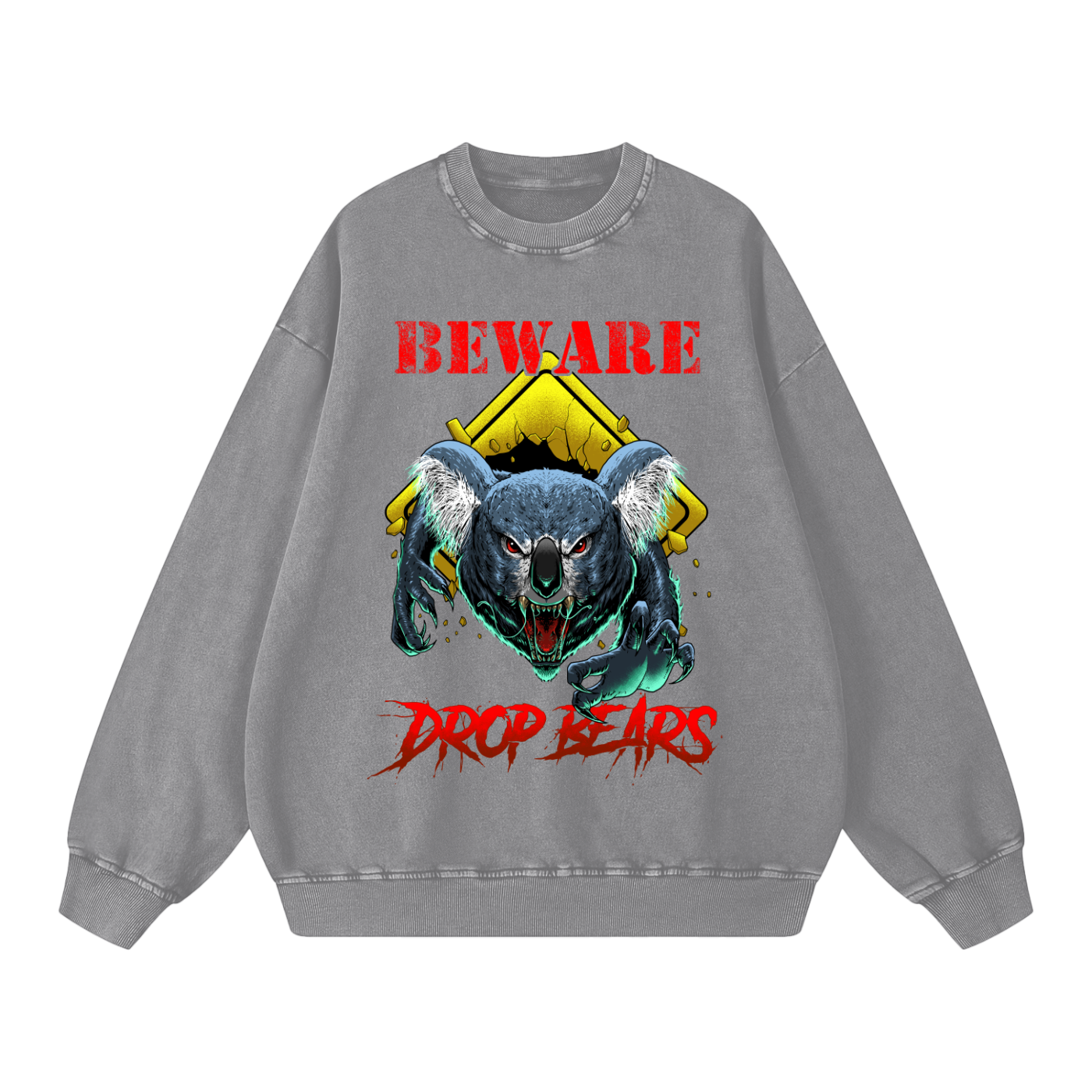 Beware Drop Bear Acid Wash Light Grey Sweatshirt