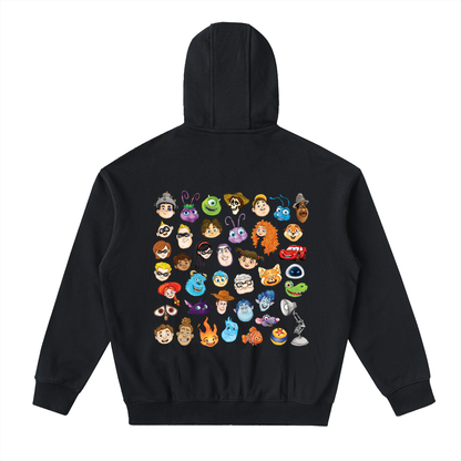 Watercolour Disney Pixar Protagonist Icons Black Classic Zip-Up Hoodie, Toy Story, A Bug’s Life, Monsters, Inc., Finding Nemo, The Incredibles, Cars, Ratatouille, WALL-E, Up, Brave, Inside Out, The Good Dinosaur, Coco, Onward, Soul, Luca, Turning Red, Elemental, Elio, Hoppers, Gatto