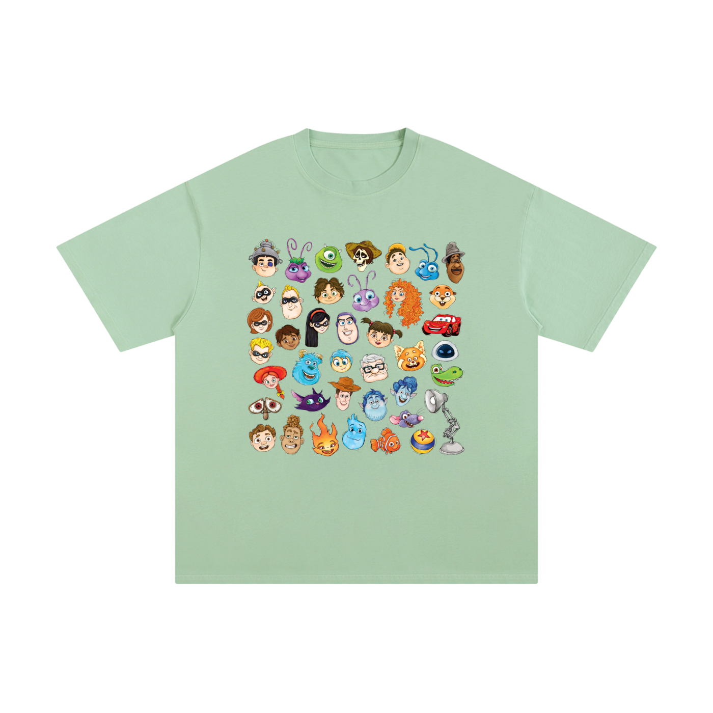 Watercolour Disney Pixar Protagonist Icons Mint Green Classic Tee, Toy Story, A Bug’s Life, Monsters, Inc., Finding Nemo, The Incredibles, Cars, Ratatouille, WALL-E, Up, Brave, Inside Out, The Good Dinosaur, Coco, Onward, Soul, Luca, Turning Red, Elemental, Elio, Hoppers, Gatto