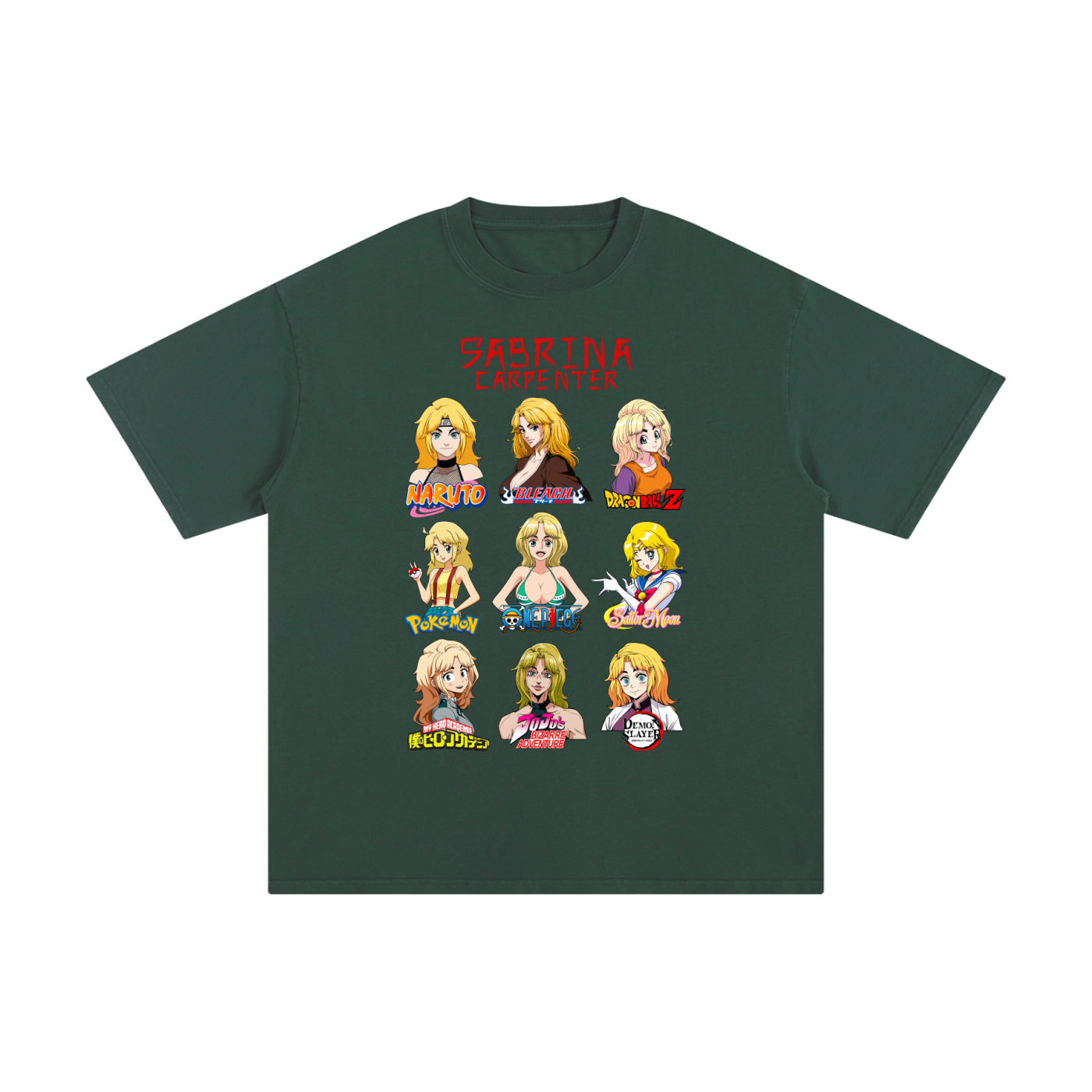 Sabrina Carpenter Anime Art Styles Forest Green Classic Tee, Naruto, Bleach, Dragonball Z, Pokémon, One Piece, Sailor Moon, My Hero Academia, Jojo's Bizarre Adventure, Demon Slayer
