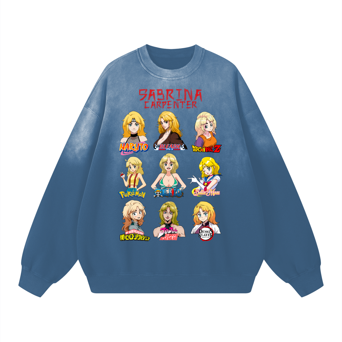 Sabrina Carpenter Anime Art Styles Midnight Steel Blue Sunfaded Acid Wash Sweatshirt, Naruto, Bleach, Dragonball Z, Pokémon, One Piece, Sailor Moon, My Hero Academia, Jojo's Bizarre Adventure, Demon Slayer