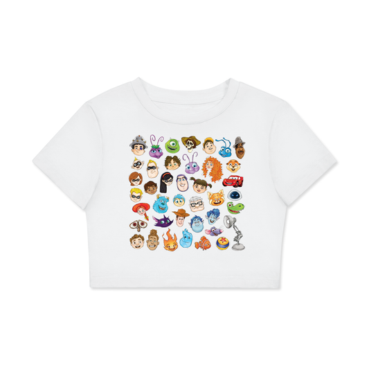 Watercolour Disney Pixar Protagonist Icons White Classic Women’s Crop Top Tee, Toy Story, A Bug’s Life, Monsters, Inc., Finding Nemo, The Incredibles, Cars, Ratatouille, WALL-E, Up, Brave, Inside Out, The Good Dinosaur, Coco, Onward, Soul, Luca, Turning Red, Elemental, Elio, Hoppers, Gatto