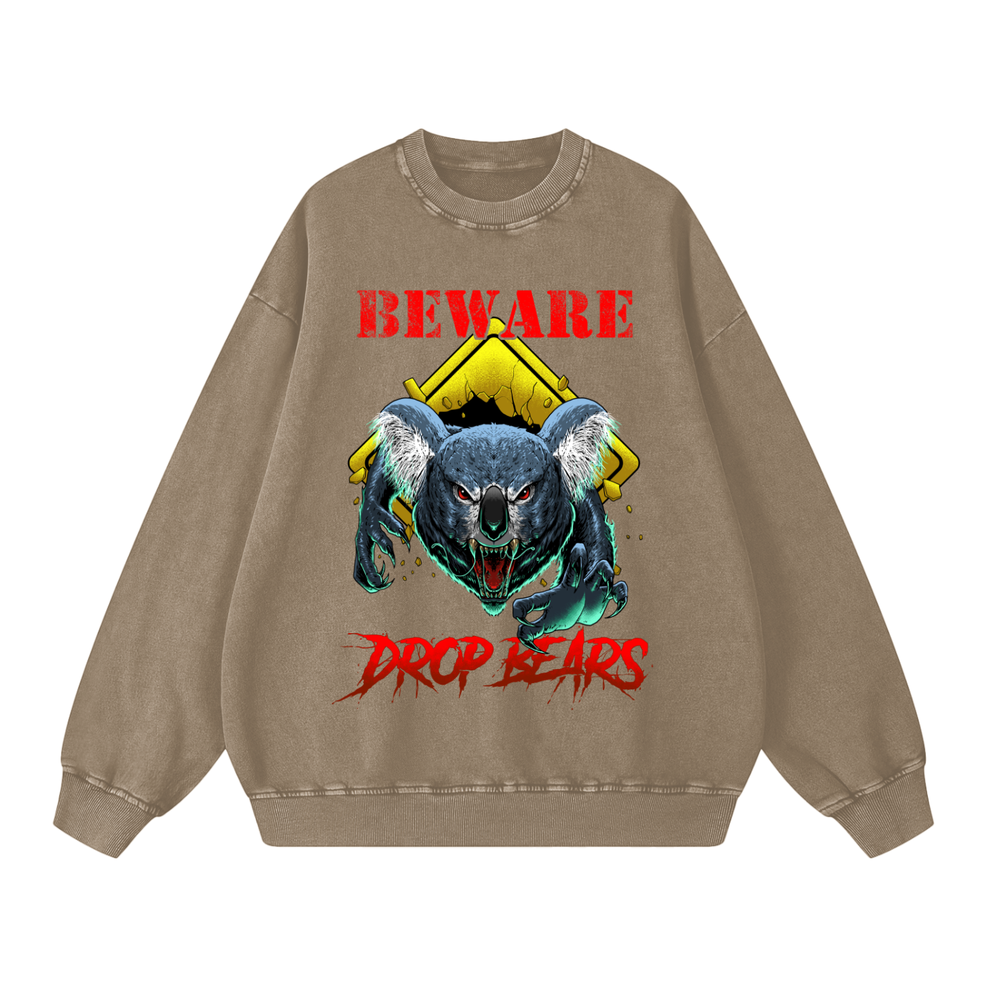 Beware Drop Bear Acid Wash Warm Taupe Sweatshirt