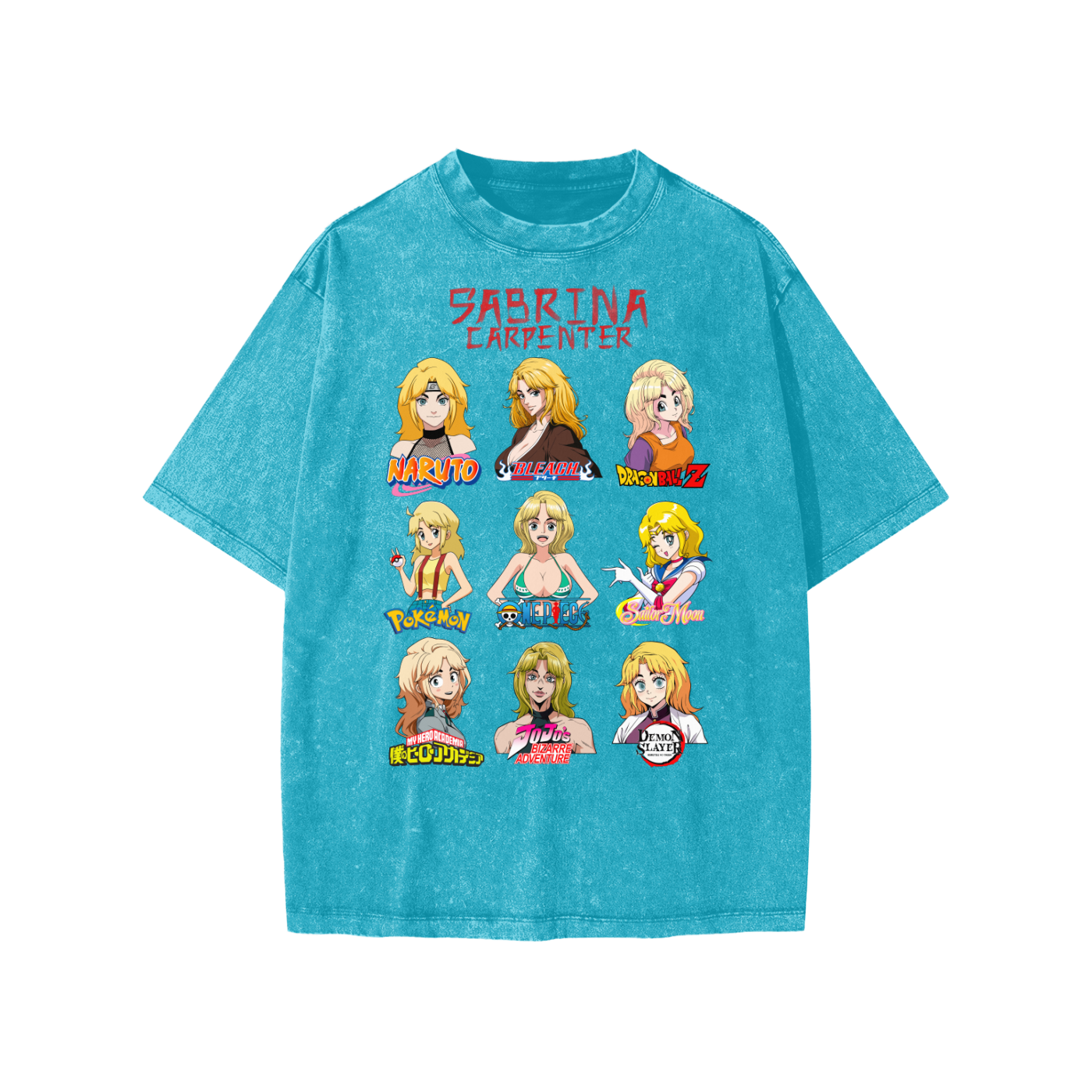 Sabrina Carpenter Anime Art Styles Cyan Snow Washed Kids' Tee, Naruto, Bleach, Dragonball Z, Pokémon, One Piece, Sailor Moon, My Hero Academia, Jojo's Bizarre Adventure, Demon Slayer