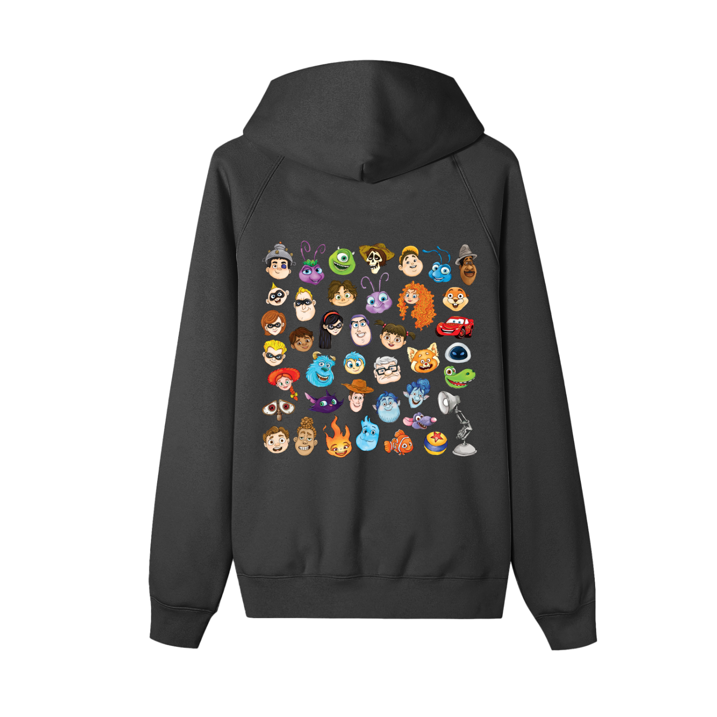 Watercolour Disney Pixar Protagonist Icons Black Zip-Up Fleece Hoodie, Toy Story, A Bug’s Life, Monsters, Inc., Finding Nemo, The Incredibles, Cars, Ratatouille, WALL-E, Up, Brave, Inside Out, The Good Dinosaur, Coco, Onward, Soul, Luca, Turning Red, Elemental, Elio, Hoppers, Gatto