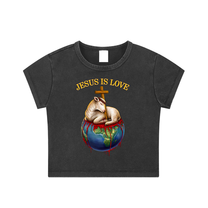 Jesus Is Love Woman's Snow Washed Black Crop Top