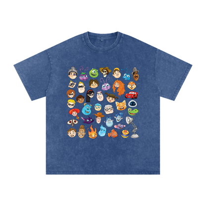 Watercolour Disney Pixar Protagonist Icons Dark Blue Acid Wash Tee, Toy Story, A Bug’s Life, Monsters, Inc., Finding Nemo, The Incredibles, Cars, Ratatouille, WALL-E, Up, Brave, Inside Out, The Good Dinosaur, Coco, Onward, Soul, Luca, Turning Red, Elemental, Elio, Hoppers, Gatto