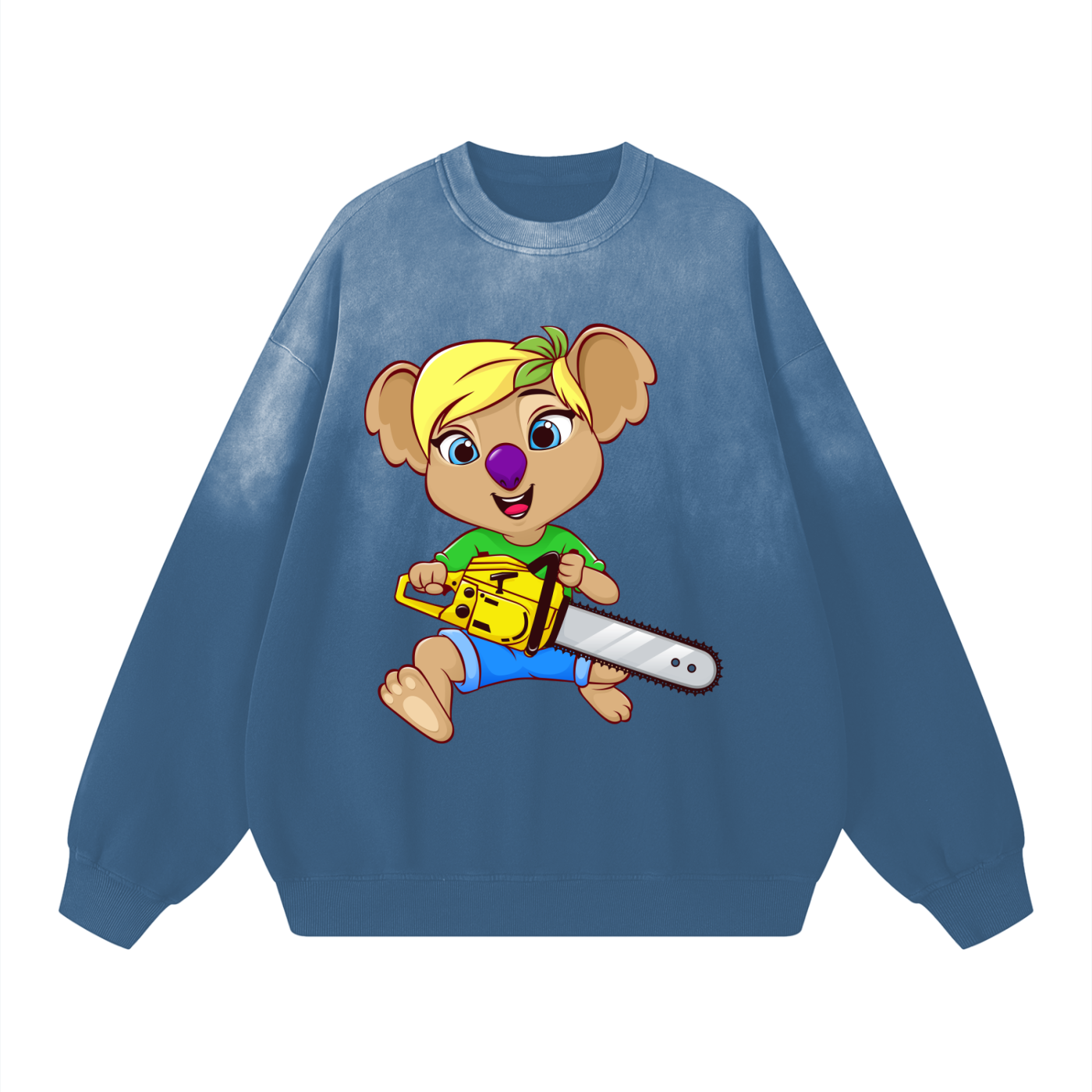 Disney Style Koala Chainsaw Sunfaded Acid Wash Midnight Steel Blue Sweatshirt