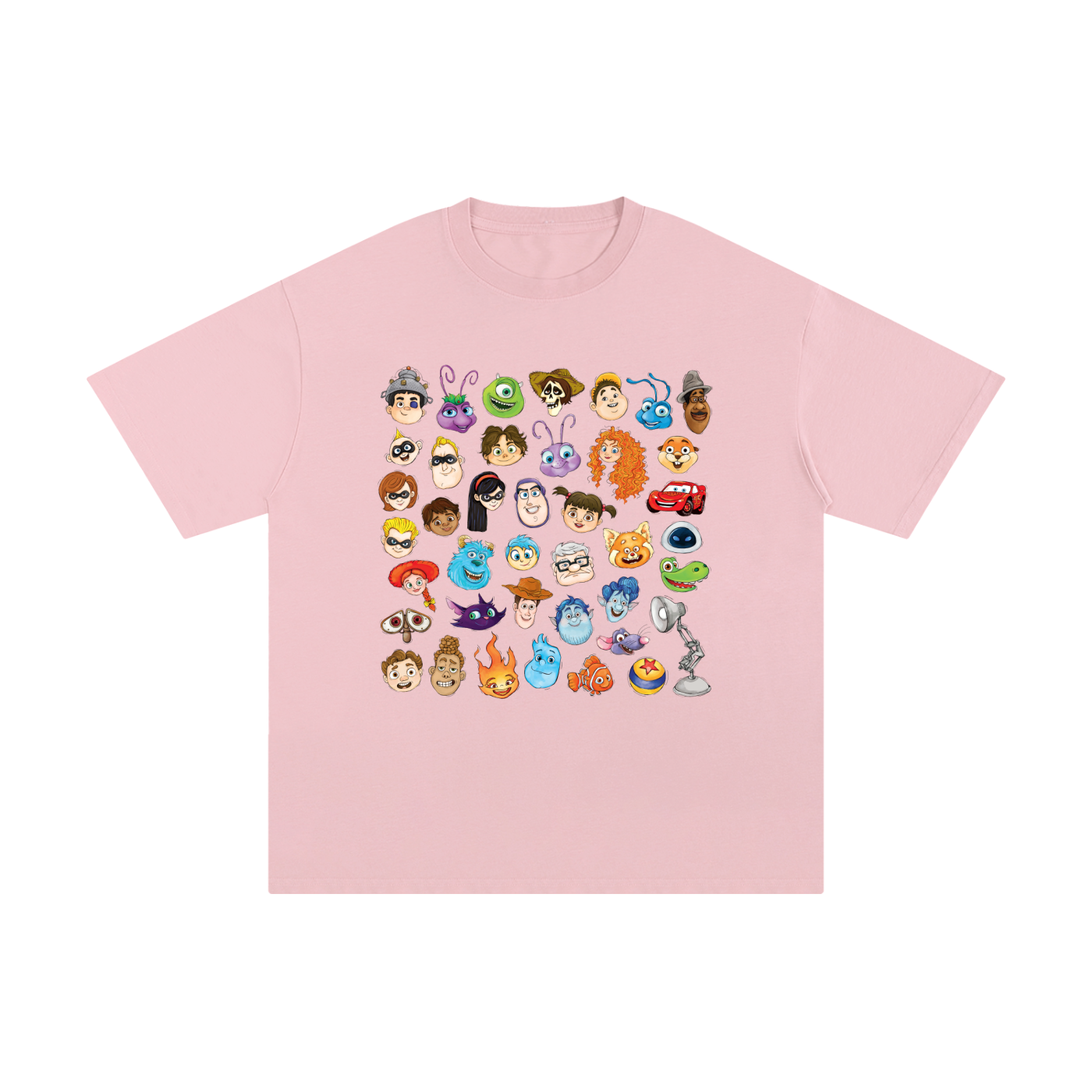 Watercolour Disney Pixar Protagonist Icons Pink Classic Tee, Toy Story, A Bug’s Life, Monsters, Inc., Finding Nemo, The Incredibles, Cars, Ratatouille, WALL-E, Up, Brave, Inside Out, The Good Dinosaur, Coco, Onward, Soul, Luca, Turning Red, Elemental, Elio, Hoppers, Gatto