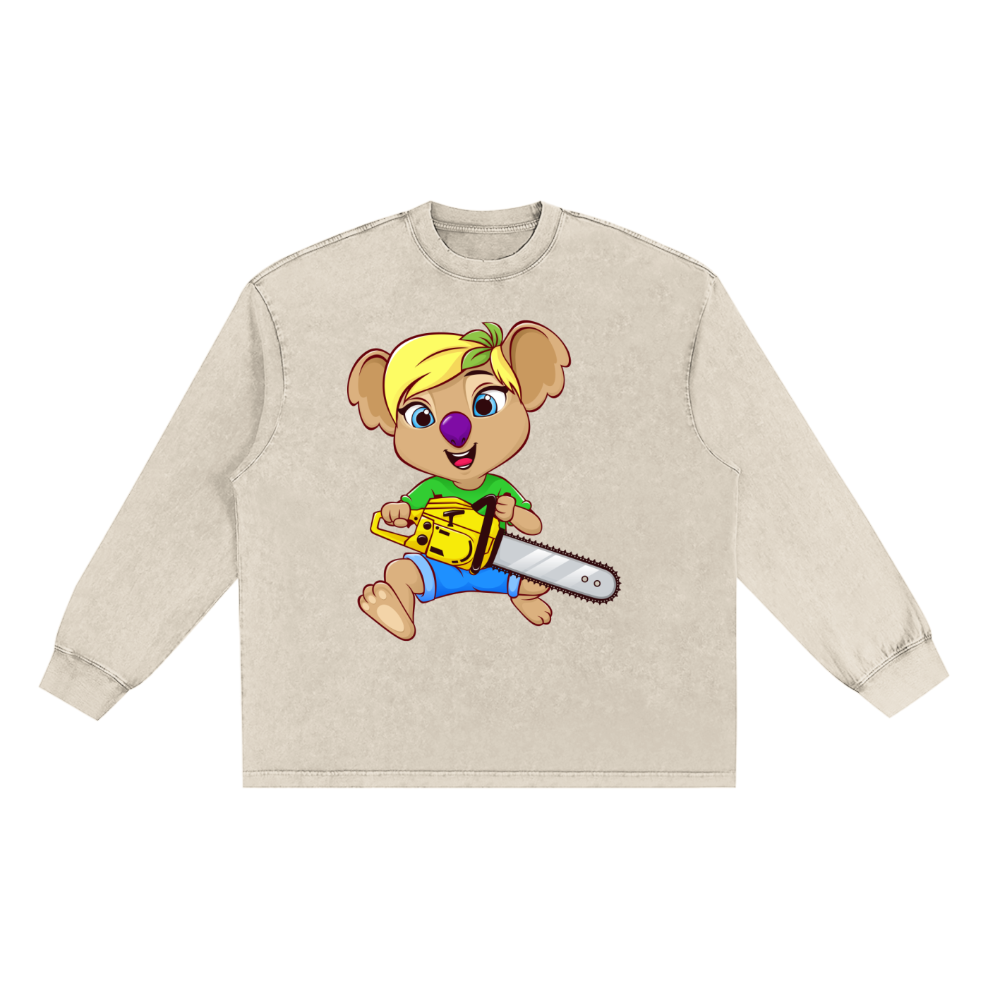 Disney Style Koala Chainsaw Snow Washed Long Sleeve Light Khaki Tee