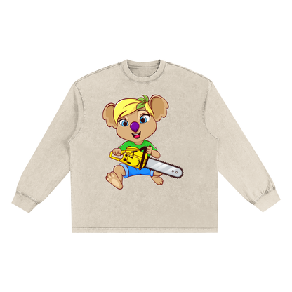 Disney Style Koala Chainsaw Snow Washed Long Sleeve Light Khaki Tee
