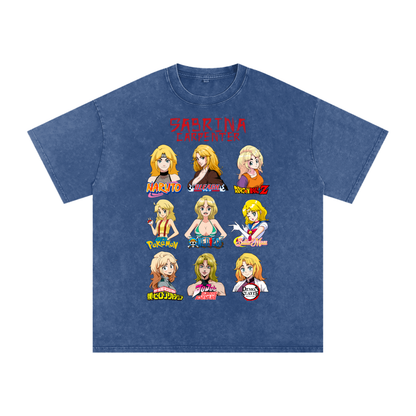 Sabrina Carpenter Anime Art Styles Dark Blue Acid Wash Tee, Naruto, Bleach, Dragonball Z, Pokémon, One Piece, Sailor Moon, My Hero Academia, Jojo's Bizarre Adventure, Demon Slayer