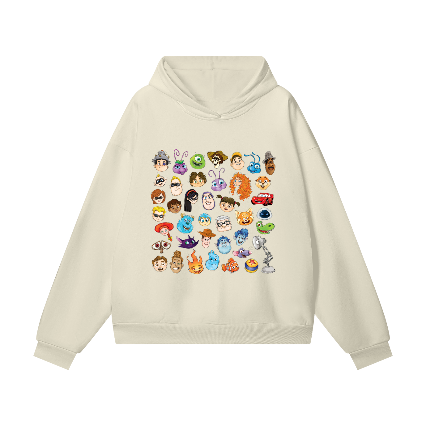 Watercolour Disney Pixar Protagonist Icons Light Khaki Hidden Pocket Fleece Hoodie, Toy Story, A Bug’s Life, Monsters, Inc., Finding Nemo, The Incredibles, Cars, Ratatouille, WALL-E, Up, Brave, Inside Out, The Good Dinosaur, Coco, Onward, Soul, Luca, Turning Red, Elemental, Elio, Hoppers, Gatto