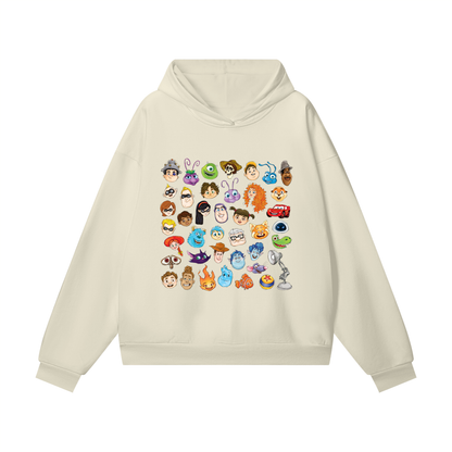 Watercolour Disney Pixar Protagonist Icons Light Khaki Hidden Pocket Fleece Hoodie, Toy Story, A Bug’s Life, Monsters, Inc., Finding Nemo, The Incredibles, Cars, Ratatouille, WALL-E, Up, Brave, Inside Out, The Good Dinosaur, Coco, Onward, Soul, Luca, Turning Red, Elemental, Elio, Hoppers, Gatto