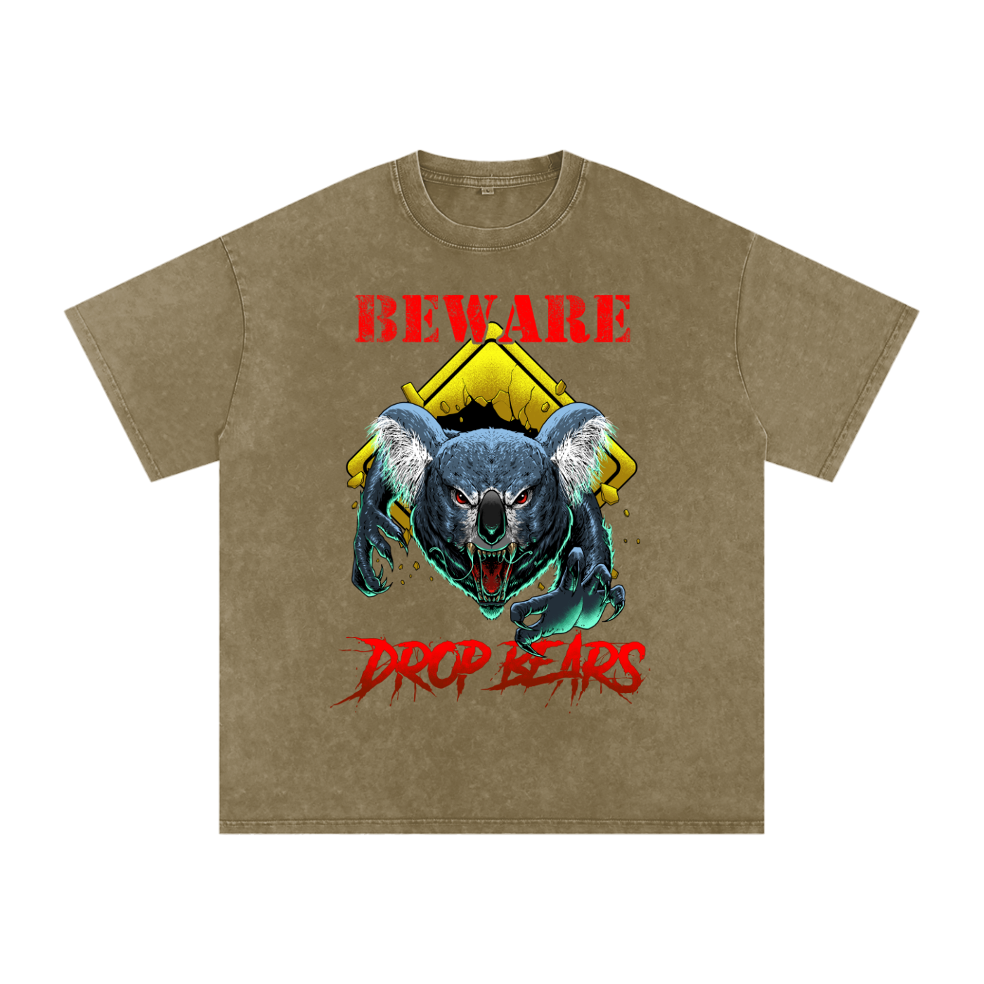 Beware Drop Bear Acid Wash Military Green Tee