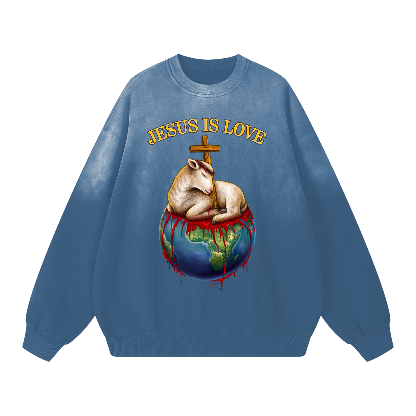 Jesus Is Love Sunfaded Acid Wash Midnight Steel Blue Sweatshirt