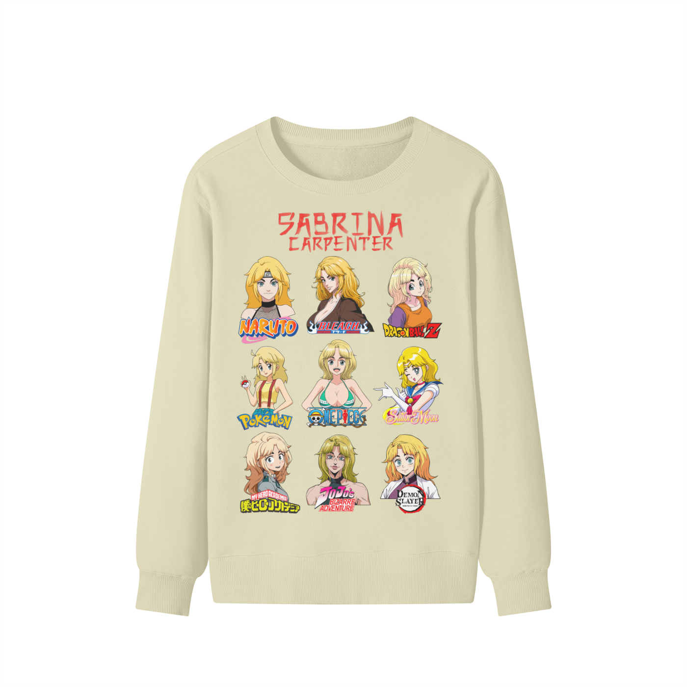 Sabrina Carpenter Anime Art Styles Khaki Classic Sweatshirt, Naruto, Bleach, Dragonball Z, Pokémon, One Piece, Sailor Moon, My Hero Academia, Jojo's Bizarre Adventure, Demon Slayer